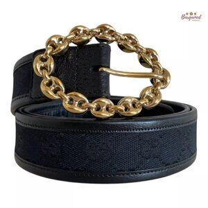 Authentic Gucci Black Monogram Canvas Leather Gold Chain Buckle Belt Size 95/38